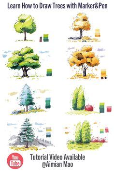 learn how to draw trees with markers. step by step. Tutorials available on YouTube #howtodrawtree #treedrawingtutorial #markertutorial #treeillustration #illustration #markerart Trees In Architecture Drawing, How Draw Tree, Different Trees Drawing, Tree Entourage Architecture, Marker Tree Drawing, Landscape Trees Drawing, Tree Drawing Marker, Drawing Tutorial Landscape, Tree Drawing With Markers