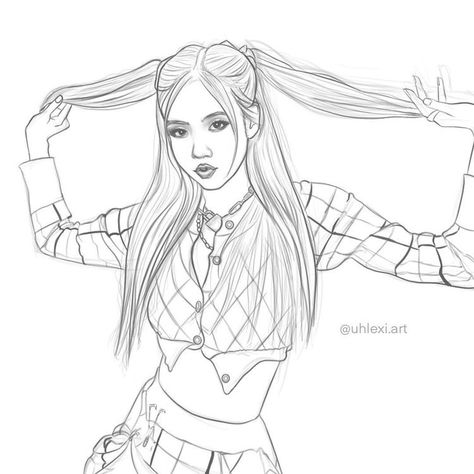 Rose Drawing Blackpink, Blackpink Coloring Pages, Girl Drawing Sketches, Beauty Art Drawings, Kpop Drawings, Easy Drawings Sketches, Outline Art, Fan Art Drawing, Outline Drawings