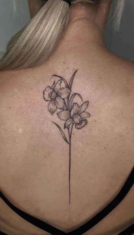 Daffodil Fairy Tattoo, Large Daffodil Tattoo, Daffodil Spine Tattoos For Women, Big Daffodil Tattoo, Tattoo Ideas Female Daffodil, Daffodil With Butterfly Tattoo, Daffodil Tattoo Back, Two Daffodils Tattoo, Tulip And Daffodil Tattoo