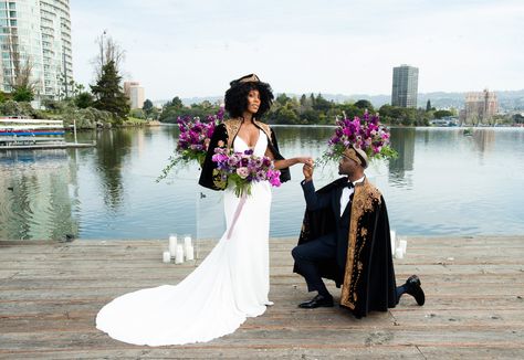 A Wakandan Wedding: This Bridal Shoot Is Inspired by Black Panther, and OMG — It's Gorgeous Black Panther Wedding, Wakanda Wedding, Black Panther Theme, Navy Sequin Dress, Blue Tux, Bridal Styled Shoot, Couple Moments, Bride Groom Photos, Movie Black