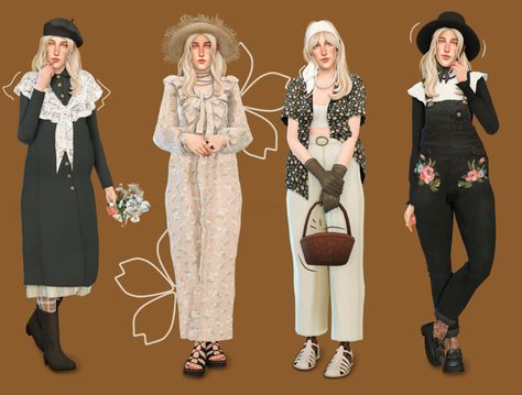 Sims 4 Barista Outfit, Sims 4 Cc Cottagecore Clothes, Cottagecore Lookbook, Sandals Socks, Cc Lookbook, Sims 4 Cottage, Sims Download, Sims 4 Decades Challenge, Flowers Ring