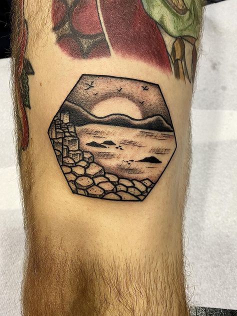 Giants Causeway scene by David Jackson @ India Street Tattoo Belfast #tattoos #tattoo #beauty Giants Causeway Tattoo, Belfast Tattoo, Hexagon Tattoo, Giants Causeway, India Street, Trending Tattoos, Giant’s Causeway, Street Tattoo, Prison Tattoos