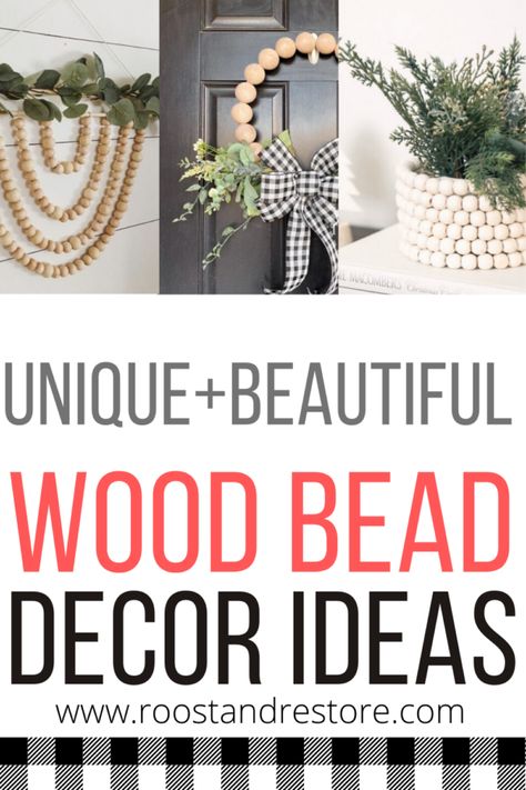 Unique Ways to Use Wood Beads in Your Home Decor - Roost + Restore Boho Bead Garland Decor, Using Wooden Beads To Decorate, How To Decorate With Beads Garland, How To Decorate With Wood Bead Garland, What To Do With Wooden Beads, Decorating With Wooden Bead Garland, Decorate With Wood Bead Garland, How To Decorate With Bead Garland, Ideas For Wooden Beads