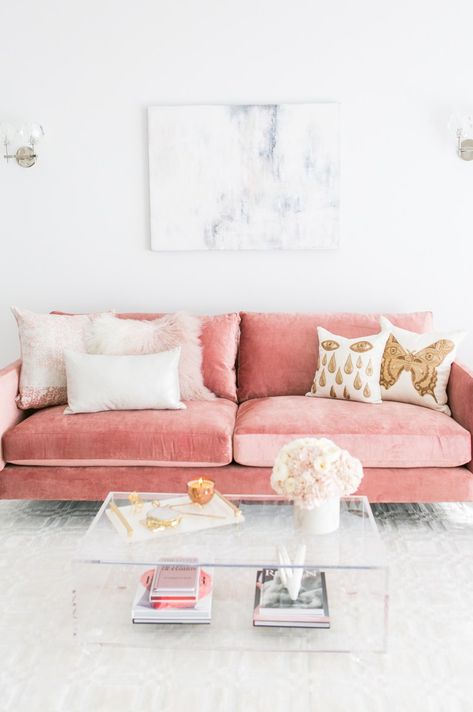 Blush Living Room Decor, Blush Living Room, Pink Velvet Couch, Pastel Living Room, Pink Living Room Decor, Pink Velvet Sofa, Glam Living Room Decor, Glam Living, Glam Living Room