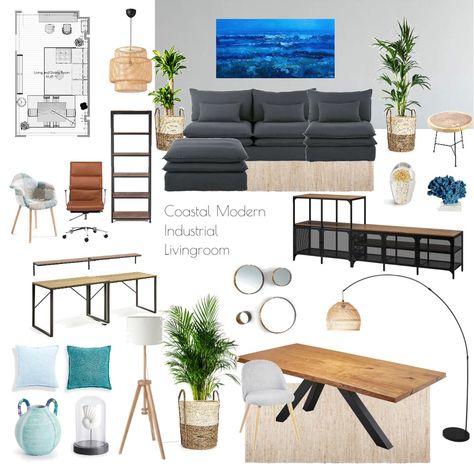 Oana's Coastal Modern Industrial Living room Industrial Coastal Style, Industrial Coastal Living Room, Industrial Coastal Decor, Industrial Townhouse, Coastal Industrial Decor, Industrial Coastal, Modern Industrial Living Room, Coastal Industrial, Industrial Living Room