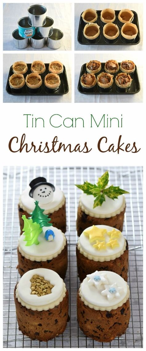 How to make mini christmas cakes in tin cans - I used mini baked bean tins to bake these cute little cakes - great homemade gift idea from Eats Amazing Tin Can Christmas, Nutella Muffin, Mini Christmas Cakes, Bake Christmas, Cakes Christmas, Baked Cakes, Christmas Cake Pops, Christmas Cake Recipes, Christmas Cake Decorations