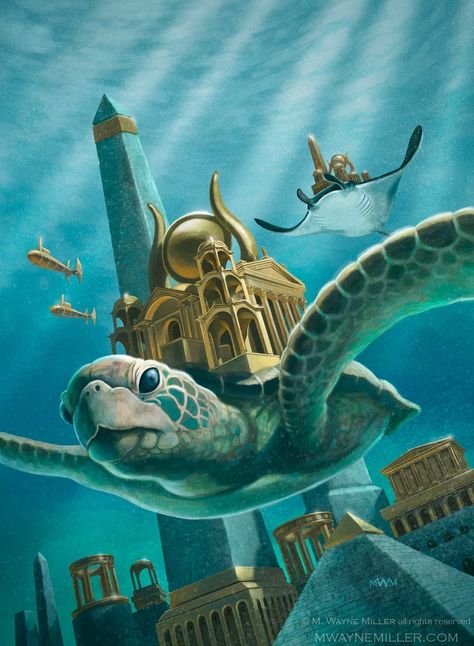 ATLANTIS RISING BY WAYNE MILLER Atlantis Fantasy Art, Atlantis Concept Art, Atlantis Painting, Nye Toast, Atlantis Aesthetic, Giant Sea Turtle, Creature Marine, Lost City Of Atlantis, Blue Grotto