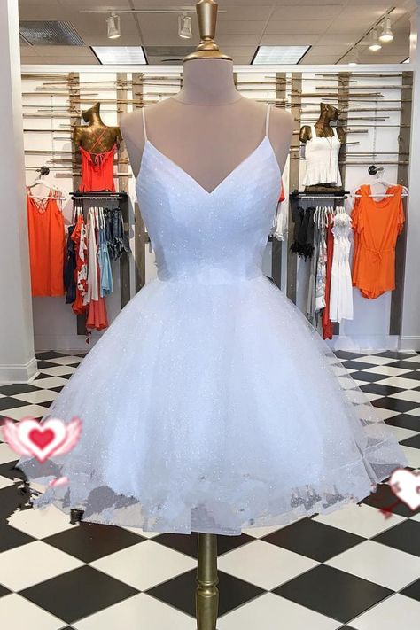 0731460a8a5ce1626210cbf4385ae0efdesc47610473ri White Prom Dress Short, Dresses Glitter, Homecoming Dresses Sparkly, Sparkly Shorts, Dama Dresses, White Homecoming Dresses, White Spaghetti Strap, Cheap Homecoming Dresses, Short Prom Dresses