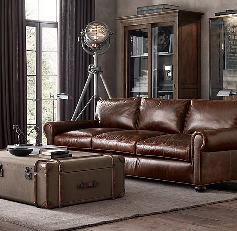 Restoration Hardware Leather Couch, Vintage Industrial Decor, Man Room, Leather Couch, Leather Furniture, A Living Room, Restoration Hardware, Room Sofa, Lancaster