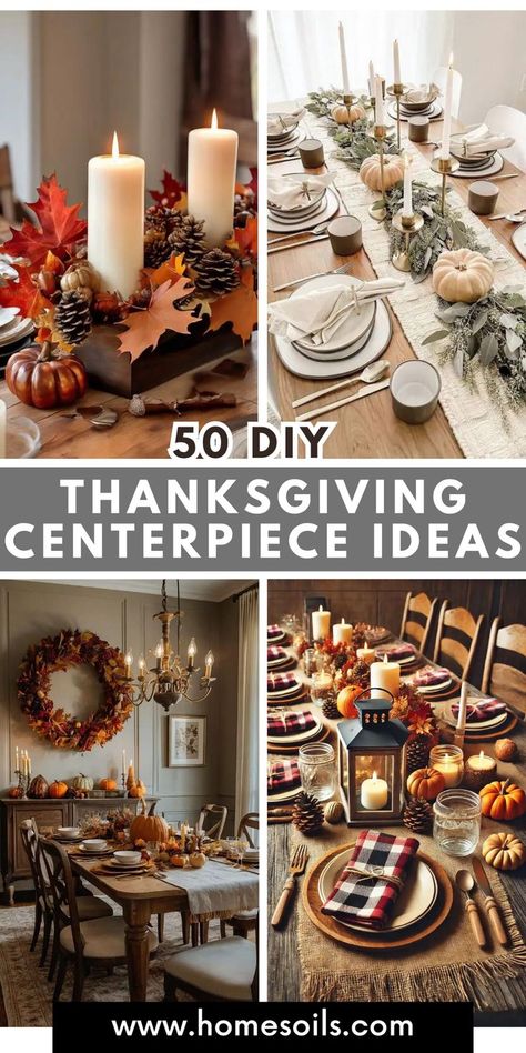 Elevate your Thanksgiving table with these DIY centerpiece ideas! From rustic touches to elegant designs, find creative and easy ways to craft a stunning centerpiece that will impress your guests and celebrate the season. Candle Thanksgiving Centerpieces, Thanksgiving Dinner Centerpieces Diy, How To Decorate A Table For Thanksgiving, Dining Table Decor Thanksgiving, Natural Thanksgiving Table Decor, Thanksging Table Decor, How To Decorate A Thanksgiving Table, Rustic Thanksgiving Table Decor, Long Thanksgiving Table Decor