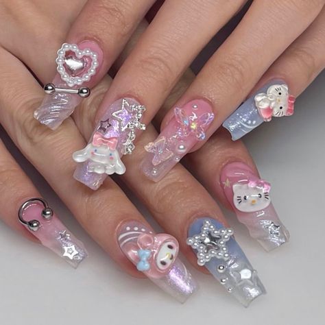 Summer Charm Nails, Charm Nails Y2k, Short Nails With Charms, Y2k Nail, Nail Art Simple, Art Y2k, Valentines Nail, 2023 Nail, Kitty Nails