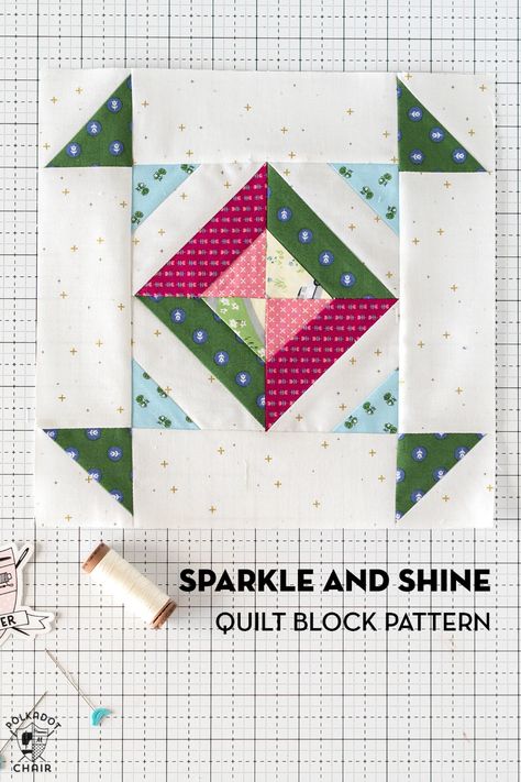 It's week two of the Riley Blake Designs quilt block challenge! This week's block is a free 10 quilt block pattern named Sparkle & Shine. Riley Blake Quilt Patterns, Shine Quilt, Riley Blake Quilt, Beginner Quilt Tutorial, Churn Dash Quilt, Sew Quilt, Quilt Christmas, Log Cabin Quilt Blocks, Polka Dot Chair