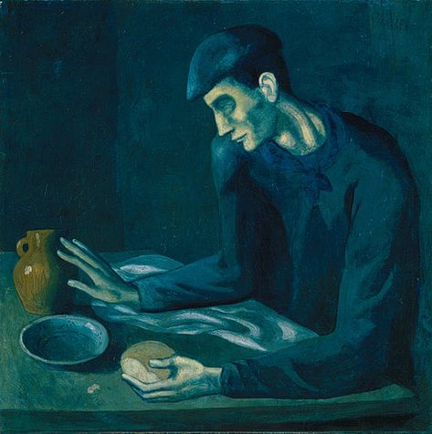 Picasso, The Blind Man's Meal, 1903. From his blue period. I used to "visit" this at the Metropolitan Museum of Art, In NYC. Picasso Blue Period, Picasso Blue, Cubist Movement, Pablo Picasso Art, Art Picasso, Pablo Picasso Paintings, Picasso Paintings, Picasso Art, Henri Rousseau