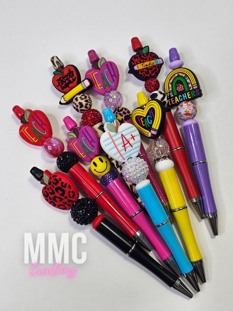 Custom beaded, Teacher pens! These beaded pens are handmade and make such a cute gift!  They are made of plastic and metal. Beads and spacers are silicone and rhinestone beads. Making them such a unique item. Pens come with black ink + plus one refill. Please note that the color of pens may vary due to lighting and screen monitor. Also pens may vary with beads according to what's available. If we need to make a minor adjustment we will message you on Etys. We have more beaded pens, pencils, and Teacher Pens, Back To School Teachers, Apple Pen, Teachers Aide, Beads Making, Beaded Pens, Teaching Teachers, Teacher Apple, Pens Pencils