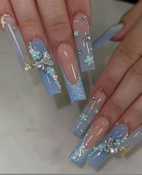 Cinderella Quinceanera Nails, Cinderella Themed Nails, Blue Cinderella Nails, Quince Nails Blue, Cinderella Nails Designs, Elegant Prom Nails, Nails Ideas Blue, Cinderella Nails, Sweet 16 Nails