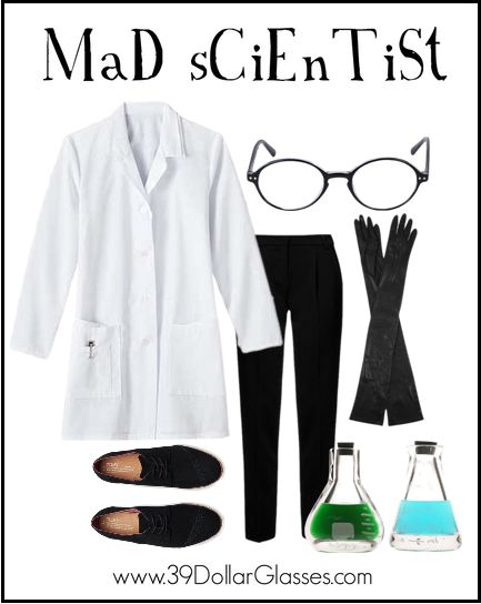 MWAHAHAHA! Get inventive this Halloween and bubble up some trouble in this Mad Scientist costume. Featuring Mott Eyeglasses from 39DollarGlasses.com. Halloween Mad Scientist Costume, Mad Scientist Couple Costume, Evil Scientist Outfit, Scientist Halloween Costume Women, Diy Mad Scientist Costume Women, Scientist Outfit Aesthetic, Scientist Costume Women, Scientist Outfit Women, Mad Scientist Costume Diy