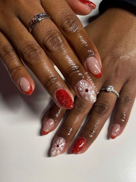 NYC Nail Tech ✨ Red reflective gel, snowflake nails, holiday nail inspo, gel-x nails, french tip nails Holiday Nails French Tip, Holiday Nails French, Silver Holiday Nails, Red Winter Nails, Holiday Nail Inspo, Nyc Nails, Nails Holiday, Nails French Tip, Squoval Nails