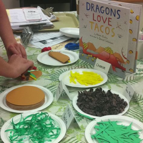 Dragons Love Tacos storytime and craft by Monica Szabo. This book is a favorite. Why not make paper tacos as well? You could also make a dragon out of a tissue box (modeled after the Tattle Monster) to feed tacos to. Dragon Loves Tacos, Dragons Love Tacos Party, Taco Crafts, Procedural Text, Craft Letters, Storytime Ideas, Dragons Love Tacos, Storytime Crafts, Make A Dragon