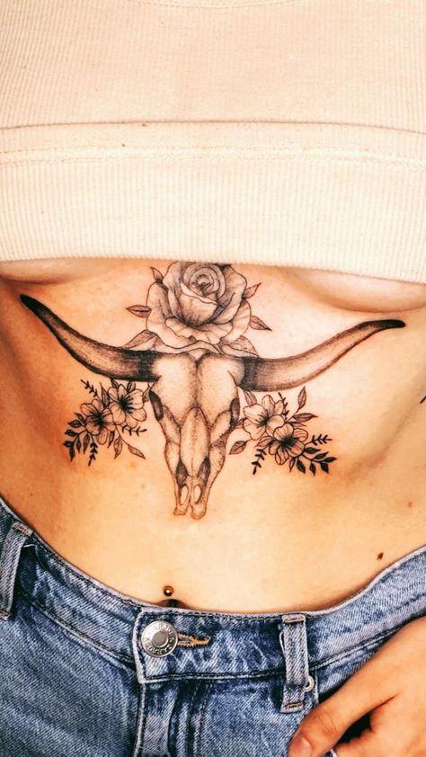 Bull Skull Tattoo Stomach, Bull Skull Tattoo Sternum, Father Daughter Tattoos Country, Mother Daughter Tattoos Western, Country Back Tattoo Women, Cow Skull Tattoos For Women, Cowgirl Skull Tattoo, Western Cow Skull Tattoo, Longhorn Sternum Tattoo