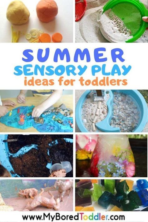 Summer Sensory Play Ideas for Toddlers - sensory bins, bottles and bags with water, sand and more - toddler activities, toddler fun, summer play ideas for 1 year olds, 2 year olds, 3 year olds. #sensorybins #sensorybin #sensoryplay #summersensoryplay #summersensorybins #myboredtoddler #toddleractivities #toddleractivity Summer Sensory Play, Quiet Toddler Activities, Play Ideas For Toddlers, Summer Sensory, Play Ideas For Kids, Sensory Play Ideas, Toddler Sensory Bins, Sensory Tray, Sensory Learning