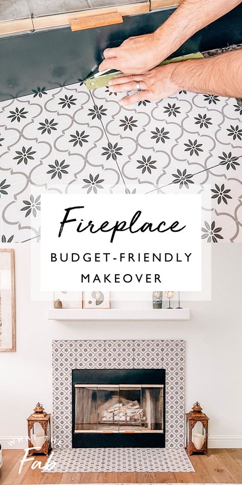 Fireplace Makeover Ideas: Peel and Stick Tiles. They are removable, and affordable. Fireplace Remodel Before and After. Home Decor Inspiration and tutorials on a budget. What The fab Fireplace Stickers, Fireplace Diy Makeover, Fireplace Makeover Diy, Chimney Decor, Fireplace Diy, Diy Fireplace Makeover, Paint Fireplace, Small Fireplace, Easy Budget