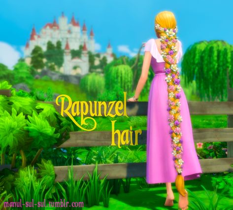 Stardust Sims 4 — Rapunzel Sims 4 Disney Princess Cc Hair, Sims 4 Rapunzel Hair, Disney Princess Challenge, Rapunzel Braid, Disney Princess Hairstyles, Belle Hairstyle, Sims Medieval, Pelo Sims, Tangled Series