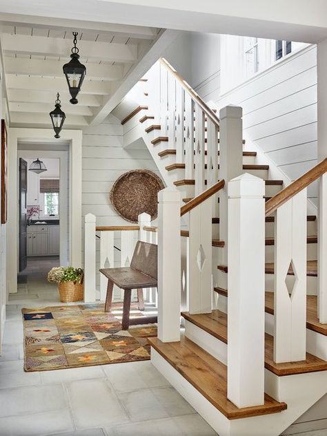 Wood and White Staircase in Rustic Lake Home Lake House Interior, Lake Keowee, Cottage Lake, Cottage Retreat, Lakeside Cottage, Interior Minimalista, Genius Ideas, Atlanta Homes, Lake Cottage