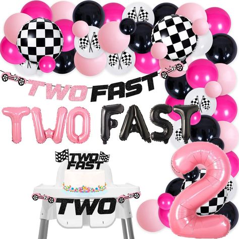 PRICES MAY VARY. TWO FAST RACING SET: This Racing Set Includes 80 Pcs and Contains 45*Latex Balloons (12 Inch), 15*Latex Balloons (5 Inch), 1 Set of Two Fast Foil Balloons, 3*Checkered Foil Balloons, 1*Number 2 Foil Balloons, 1*Two Fast Cake Topper, 1*Glitter Two Fast Banner, 1*Glitter Two Banner. One Set Will Meet Your Decoration Needs and Is the Best Choice for Your Car-Themed 2nd Birthday Party! PINK RACING THEME DESIGN: Our two year birthday set is themed around racing, with the overall TWO 2 Fast Birthday Party, Two Fast Party, Motorcycle Birthday Parties, Racing Theme, Car Themed Parties, Car Birthday Theme, Second Birthday Ideas, Race Car Birthday Party