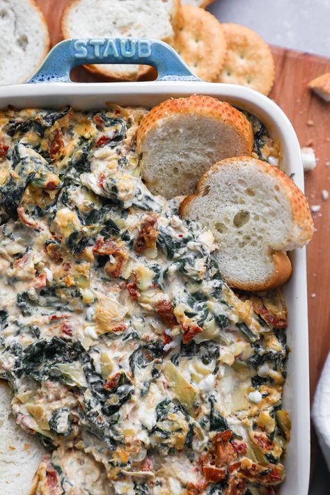 Spinach Artichoke Sundried Tomato Dip, Sundried Tomato Dip, Cooked Spinach, Hot Spinach Dip, Easy Make Ahead Appetizers, Spinach Artichoke Dip Recipe, Tomato Spinach, Spinach Dip Recipe, Easy Dip