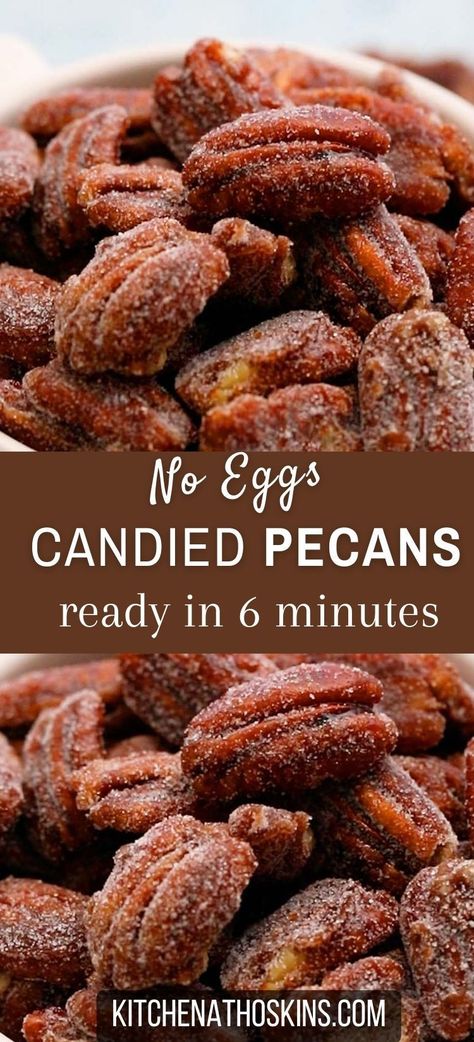 Learn how to make quick candied pecans on the stovetop without eggs, in 6 minutes and can be easily made vegan by replacing butter with coconut oil. These easy candied nuts are perfect for packaging as a homemade Christmas gift for the holidays or even as wedding favors. Get the candied pecans recipe at kitchenathoskins.com. Vegan Candied Pecans, Stovetop Candied Pecans, Candied Pecans Easy, Easy Candied Pecans, Roasted Pecans Recipe, Candied Nuts Recipe, Pecan Recipes Easy, Candied Pecans Recipe, Homemade Christmas Gift