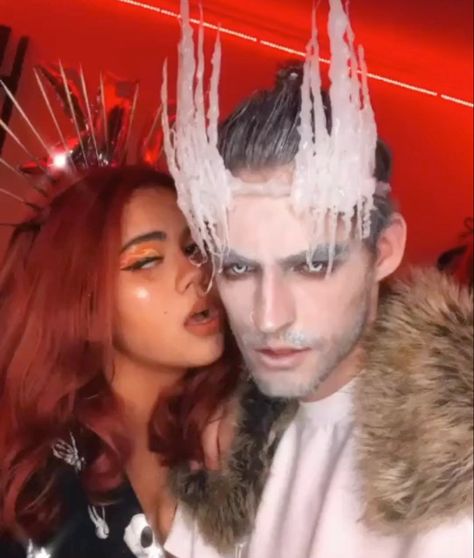 Fire And Ice Couples Costume, Fire Ice Costume, Costume Makeup Looks, Ice Halloween Costume, Fire Halloween Costume, Fire And Ice Costume, Cute Couple Halloween, Ice Costume, Ice Makeup