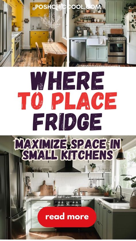 Where to place the fridge in a small kitchen - A helpful guide Where To Put Fridge In Small Kitchen, Refrigerator Alternatives, Corner Fridge Kitchen Layout, Make Fridge Look Built In, Tiny Kitchen Layouts, Refrigerator In Small Kitchen, Kitchen Counter Appliance Placement, Fridge Placement In Kitchen, Stove Next To Refrigerator