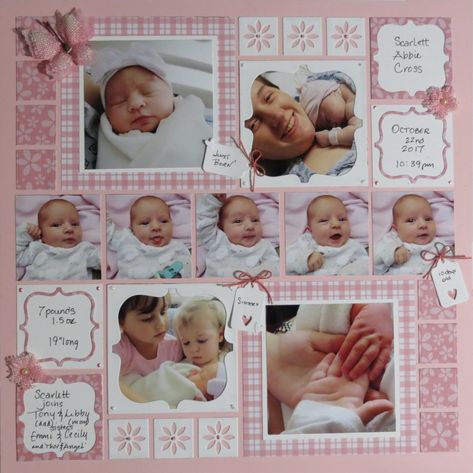 New Baby Scrapbook, Birth Scrapbook Ideas, Baby Girl Scrapbook Ideas, Scrapbooking For Kids, Baby Scrapbook Page Ideas, Baby Girl Scrapbook Page Ideas, Newborn Scrapbook Ideas, Baby Scrapbook Ideas Layout, Baby Details Frame