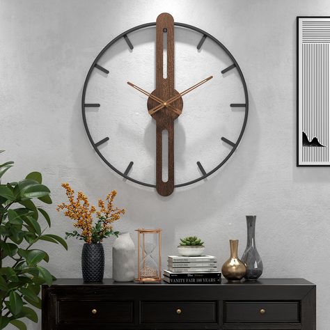 Vintage Office Decor Ideas, Clock In Living Room, Wall Clock Decor Living Room Modern, Mens Living Room Ideas, Mid Century Modern Clock, Masculine Home Decor, Wall Clock Decor Living Room, Big Wall Clock, Large Wall Clock Decor