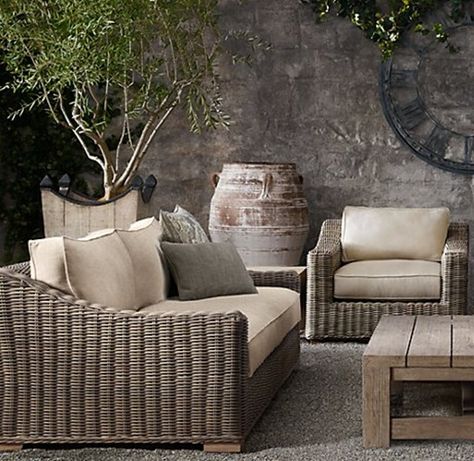 neutral outdoor space Patio Furniture Placement, Restoration Hardware Outdoor Furniture, Contemporary Patio Furniture, Restoration Hardware Outdoor, Restauration Hardware, Bistro Patio, Used Outdoor Furniture, Luxe Lounge, Furniture Placement