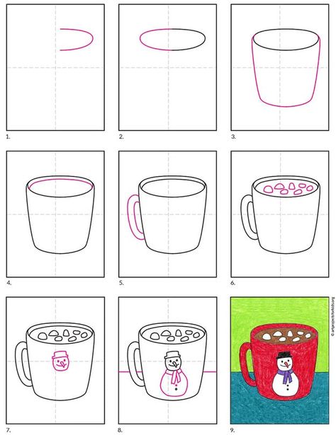 A step by step tutorial for how to draw an easy Hot Chocolate, also available as a free download. How To Draw Hot Cocoa, How To Draw A Cup Of Hot Chocolate, Draw Hot Chocolate, Hot Cocoa Art Project, How To Draw Hot Chocolate, Hot Chocolate Art Project For Kids, Hot Cocoa Art Project For Kids, Hot Cocoa Art, How To Draw A Mug