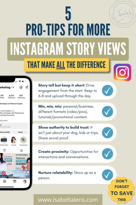 Instagram story views are the absolute best way on Instagram marketing to grow your leads for your online business. Want be seen more with Instagram marketing? Find here how to get more views on Instagram story. 35 Instagram for business tips to explode your Instagram story views. Because Instagram stories views is ideal for lead-generation. Do's and dont's for high Instagram story views and Instagram story ideas for views | Isabel Talens #isabeltalens #instagramstoryideas #instagramforcoaches Instagram Story Views, Instagram For Business, Get Instagram Followers, Business Ideas For Beginners, Instagram Marketing Strategy, Instagram Marketing Tips, Positive Motivation, Online Business Marketing, Pinterest Marketing Strategy