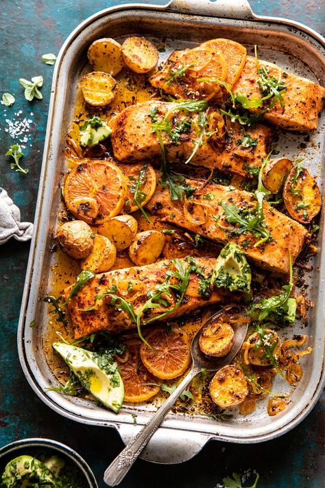 Sheet Pan Salmon with Citrus Avocado Salsa and Potatoes Inflammatory Meals, Salmon Healthy, Sheet Pan Salmon, Pan Salmon, Half Baked Harvest Recipes, Healthy Winter Meals, Recipe Sheets, Harvest Recipes, Fast Dinners