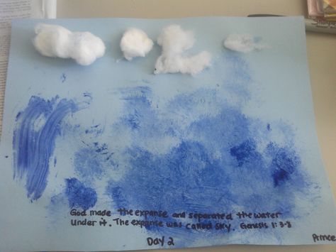 Creation Day 2: God made the expanse and separated it from the water. the expanse was called sky God Made The Sky And Water Craft, Sky And Water Creation Craft, K3 Activities, Creation Preschool Craft, Creation Preschool, Awana Puggles, Toddler Bible, Story Crafts, Sky And Water