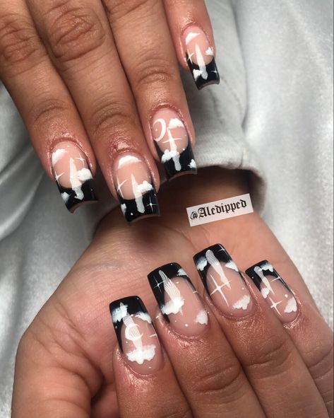 Black And White Cloud Nails, Black Cloud Nails, Twinkle Star Nails, Marble Acrylic Nails, Black Acrylic Nails, Square Nail Designs, French Nail Designs, Work Nails, French Acrylic Nails