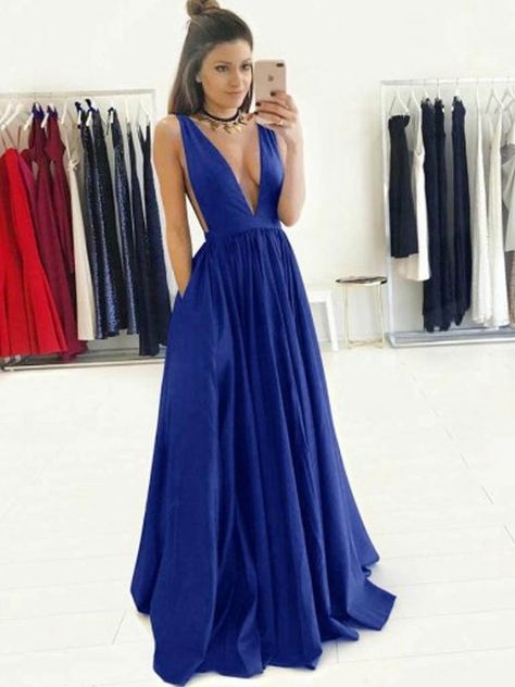 Dark Blue Prom Dresses, Prom Dresses Long Blue, Navy Prom Dresses, Evening Dress Long, Graduation Party Dresses, Formal Dresses For Teens, Prom Dresses With Pockets, V Neck Prom Dresses, Taffeta Dress