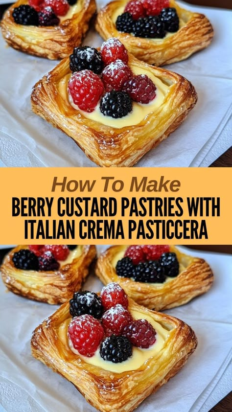 Ingredients: Pastries: 1 large rectangular puff pastry sheet (13 oz / 375 g) Blueberries and raspberries, for topping Almond slices... Italian Crema, Puff Pastry Danish, Berry Custard, Easy Puff Pastry Desserts, Pastry Danish, Bakery Snacks, Italian Custard, Easy Puff Pastry Recipe, Puff Pastry Recipes Dessert