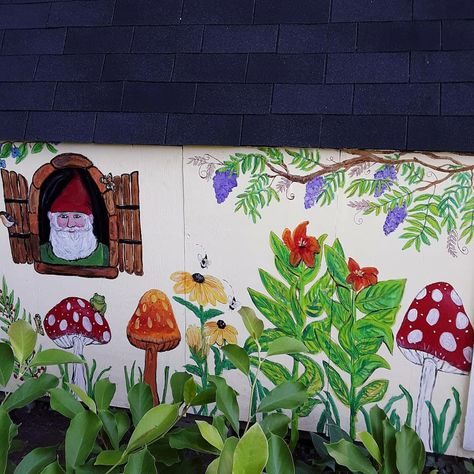 I painted this on my shed in gnome garden. Garden Shed Mural Ideas, Gnome Painted On Shutter, Gnome Fence Boards, Gnome Garden Painting, Garden Gnomes Illustration, Fence Paint, Garden Painting, Small Outdoor Spaces, Garden Theme