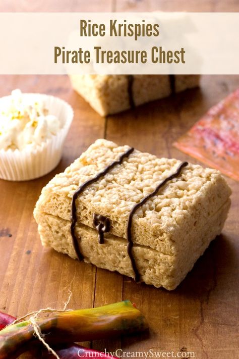 Rice Krispies Pirate Treasure Chest - really easy food craft for a pirate theme birthday party! Pirate Food, Pirate Themed Birthday Party, Pirate Themed Birthday, Food Games, Pirate Treasure Chest, Neverland Pirates, Pirate Birthday Party, Pirate Treasure, Shark Party