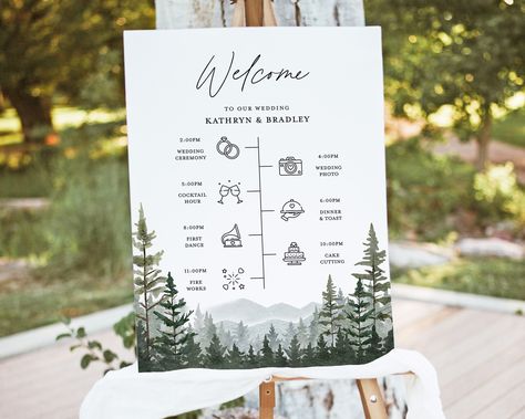 "Mountain Wedding Timeline Welcome Sign Template, Woodland Forest Pine Program Poster, Rustic Editable Printable Wedding Day Itinerary, Instant Download --------------------------------------------------------------------- THIS FILE IS AN EDITABLE DIGITAL FILE. (COMPUTER, MOBILE DEVICE) DIGITAL FILES ONLY NO PRINTED MATERIALS --------------------------------------------------------------------- ★BUY MORE & SAVE MORE★ * You get a 40% discount when you buy 3 or more items. Coupon code \"3BP40\" --------------------------------------------------------------------- [TRY BEFORE YOU BUY] Demo this item now! Copy and paste the URL below to demo https://www.corjl.com/d/HIPGD --------------------------------------------------------------------- [EDIT YOUR ITEMS AT \"Corjl.com\"  RIGHT AFTER PURCHAS Wedding Decorations Mountain, Mountain Wedding Welcome Sign, Mountain Wedding Sign, Mountain Wedding Ceremony Decor, Mountain Wedding Colors, National Park Wedding Theme, Mountain Themed Wedding, Mountain Wedding Ceremony, Program Poster