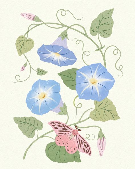 There’s something magical about the way morning glory flowers unfurl in the early light✨ I couldn’t resist capturing this delicate beauty in my recent artwork 🩵 . . . . . . #surfacedesign #botanicalart #gouacheart #botanicalgouache #morningglory #surfacedesigner #botanicalwallart #freelancedesign #freelancedesigner #freelanceartist #artlicensing Blue Bell Illustration, Morning Glory Illustration, Morning Glory Painting, Blue Flowers Images, Print Making Designs, Morning Glory Flowers, Flower Mural, Flower Motifs, Gouache Art