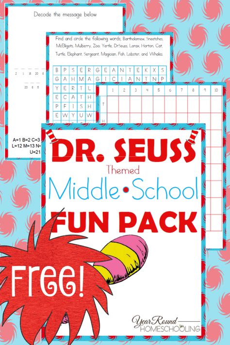 dr. seuss, middle school, 6th grade, 7th grade, 8th grade, word search, decode the message, battleship, printable Dr Seuss Preschool, Dr Seuss Activities, Middle School Activities, Read Across America Day, Dr Seuss Week, Dr Seuss Day, Homeschool Freebies, Homeschool Inspiration, Middle Schoolers