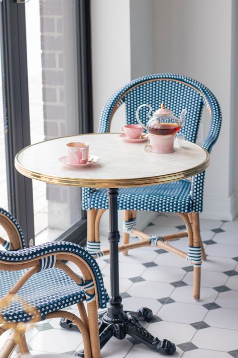 French Bistro Restaurant Interior, Glass Bistro Table, French Blue Chairs, Cafe Table And Chairs, Parisian Bistro Chairs, Bistro Interior, Bistro Decor, Blue Outdoor Furniture, Small Table And Chairs