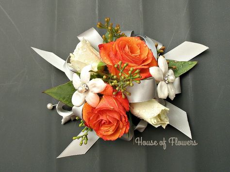 Mother of the Bride Corsage  Orange, White and Silver Orange And White Corsage And Boutonniere, Mother Of The Bride Flowers, Mother Of The Bride Corsage, Mother Of Bride Corsage, Bride Corsage, Red Corsages, White Corsage, Homecoming Flowers, Homecoming Corsage