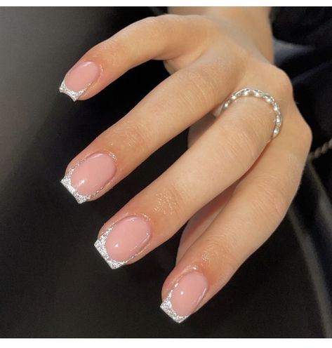 Simple Pink Nails Acrylic Short, Wedding Short Square Nails, Nail Ideas For 50 Year Olds, 30th Birthday Gel Nails, Silver Prom Nails Square, Gelish French Nails, Short Coffin French Tip Nails Ideas, Square Nails Glitter Tips, Short Sparkly French Tip Acrylic Nails